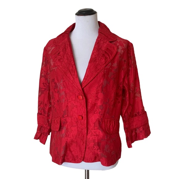 Clara Sun Woo Red Sheer Floral Two Button Blazer Jacket Size Large 3/4 Sleeve - Picture 1 of 10